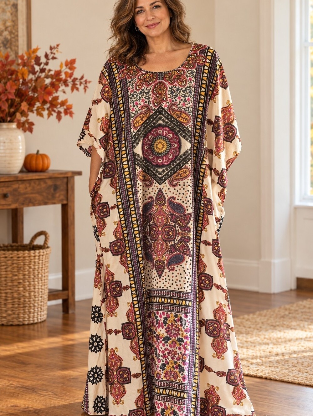 Ashro Cream Paisley Maxi Kaftan with Multicolor Medallion Print